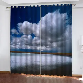 Vlastné Foto 3D Blue Sky Biele Oblaky Mora Šírku Okna záclony Pre Obývacej Izby, Spálne, Blackout Závesy Sady
