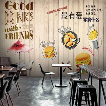 Vyprážané Kuracie Pivo Burger Fast Food Reštaurácia Drevené Dosky Pozadí Priemyselné Dekor nástennú maľbu, Tapety, Snack Bar Stenu Papier 3D 43336