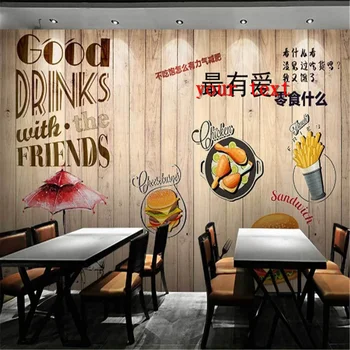 Vyprážané Kuracie Pivo Burger Fast Food Reštaurácia Drevené Dosky Pozadí Priemyselné Dekor nástennú maľbu, Tapety, Snack Bar Stenu Papier 3D