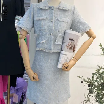 Vysoko Kvalitné Ženské Elegantné Sukne Vyhovovali 2020 Nové Módne Tweed Dve Kus Ženy Plodín Top Mini Sukne A Nastaviť Dve Kus Oblečenie