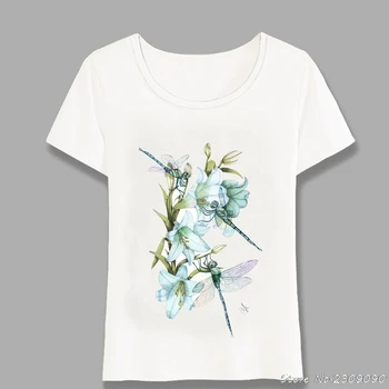 Vážky A Ľalie Iridescence Akvarel T-Shirt Letné Módy Ženy T-Shirt Žena Bežné Topy Roztomilý Dievča Tees Harajuku