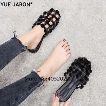 YUE JABON Hot Drahokamu Papuče cut-outs kožené klincami drahokamu žena letné sandále, topánky gladiator štýl listov topánky