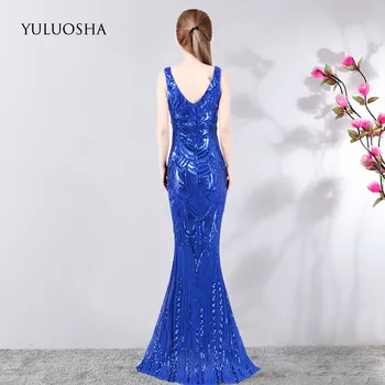 YULUOSHA Sexy Novú Dlhé Večerné Šaty Backless tvaru Sequined Morská víla bez Rukávov Kráľovská Modrá Šaty Elegantné Šaty, De Soiree