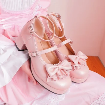 Zapatos De Mujer 2021 Dievčatá Sladké Lolita Bowknot Vysoké Podpätky Ženy Cosplay Princezná Šaty Strany Ružové Topánky Plus Veľkosť 30-48 8777