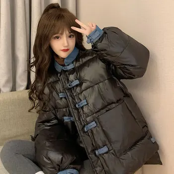 Zimné 2021 nový národný Čínsky štýl, krátke džínsové šitie pracky stojan golier Tang vyhovovali kabát bavlna parkas teplé ženy