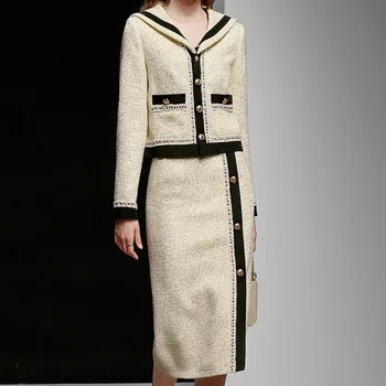 Zimné ženy francúzsky malé vôňa tweed námorník golier bunda+split pencik sukne dve kus sady