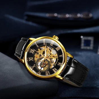 Zlaté Hodinky Mužov Luxusné Náramkové hodinky Klasické Kostra Hodinky Pánske 2021 Mechanické Kožený Remienok Hodiny FORSINING Relogio Masculino