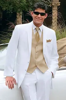 Zlaté Vesta Biela Najlepších Mužov Tuxedos oblek Pre Letné Beach Svadby Ženích pánske Obleky Masculino Ternos (Bunda +Nohavice+Vesta+Kravatu)