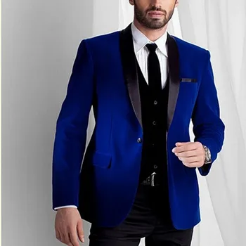 Zákazku Groomsmen Black Klope Ženícha Tuxedos Velvet Muži Obleky, Svadobné Najlepšie kráľovská modrá Blazer vyhovovali 2020(Bunda+Nohavice+Kravatu+Vesta)