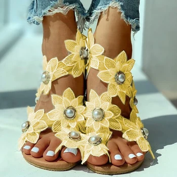 České Sandále dámske Letné Obuv Módne Bežné Kvetinový Pearl Ploché Sandále Prst Prsteň Pláži Obuv Sandal Zapatos De Mujer