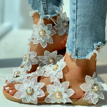 České Sandále dámske Letné Obuv Módne Bežné Kvetinový Pearl Ploché Sandále Prst Prsteň Pláži Obuv Sandal Zapatos De Mujer