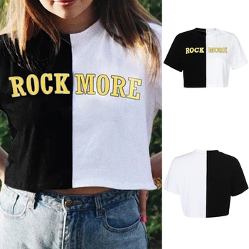 Čierna a Biela-Krátke Rukávy List Tlač Kontrast Kontrast Farieb Bežné T-Shirt Lete