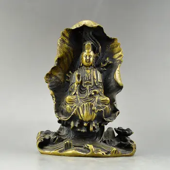 Čínske staré zbierky handwork bronz Lotus leaf Guanyin sochu Budhu