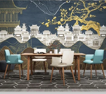 Čínsky štýl, zlatá krajina slivkové kvety budovy 3d tapeta abstraktných DE parede,obývacia izba tv steny, spálne, reštaurácia nástenná maľba