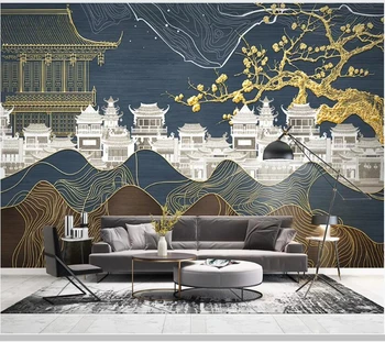Čínsky štýl, zlatá krajina slivkové kvety budovy 3d tapeta abstraktných DE parede,obývacia izba tv steny, spálne, reštaurácia nástenná maľba