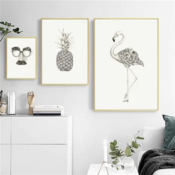 Šedá Moderné Nordic Štýl Plátno Na Maľovanie Obývacia Izba Pozadie Wall Art Flamingo Ananás Tlač Zvierat Plagát Minimalistický Obrázok