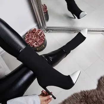 Žena, topánky plus veľkosť jeseň zima vysoké podpätky ukázal prst topánky dámske sexy strečové tkaniny stiletto čerpadlá ženy čierna biela
