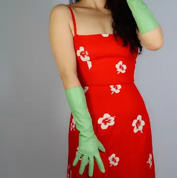 Ženské dráhy módne svetlo zelená slim faux pu kožené rukavice lady klub výkon formálnej strany kožené dlhé rukavice 60 cm R2628