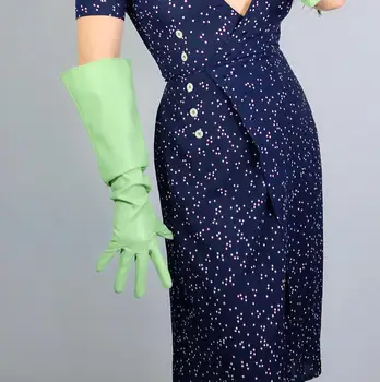 Ženské dráhy módne svetlo zelená slim faux pu kožené rukavice lady klub výkon formálnej strany kožené dlhé rukavice 60 cm R2628