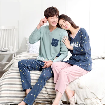Ženy a muži nový kórejský dlhý rukáv, nohavice 2019 jar a na jeseň páry bavlna roztomilý žien a mužov pajama sady pyžamá