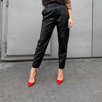 Ženy Elegantné Čierne PU Faux Kožené Nohavice Módne Vysoký Pás Vrecká Dámy Office Nohavice s Pásom Bežné Skladaný Nohavice