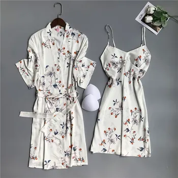 Ženy Hodvábne Nighty&Robe Set Print Kvet 2KS Sleepewear Bežné Kimono Župan Sexy Šaty Krátke Nightgow Intímne spodná Bielizeň