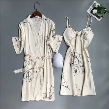 Ženy Hodvábne Nighty&Robe Set Print Kvet 2KS Sleepewear Bežné Kimono Župan Sexy Šaty Krátke Nightgow Intímne spodná Bielizeň