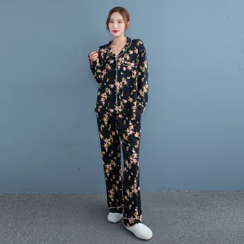 Ženy Jeseň Odev Jednoduché Čierne Kvetina Tlače Pyžamo Dlhé rukávy Nohavice Sleepwear 2 Kus Plavky Domov Nočná Košeľa 2020