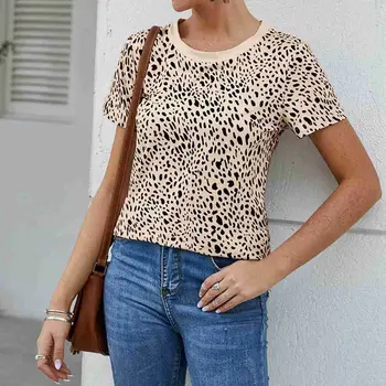 Ženy Leopard Zakrývanie Tlač Krátke Rukáv Tričko Slim Fit Topy