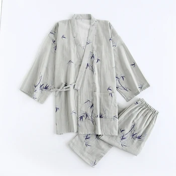 Ženy, Muži Jar Leto Bavlna Kimono Pyžamo Set 2KS Sleepwear Páry, oblečenie pre voľný čas Polovičný Rukáv, Dlhé Nohavice bambusu vytlačí dizajn