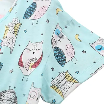 Ženy Svetlo Modré Pyžamo Voľné Hodí Okolo Krku Cartoon Night Owl Vytlačí Elastické Domáce Oblečenie Ležérne A Pohodlné