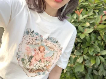 Ženy tričká, Vintage Štýl Amor Kvety T-Shirt kórejský Módne Ulzzang Grunge White Tee Estetické Umenie košele pre ženy